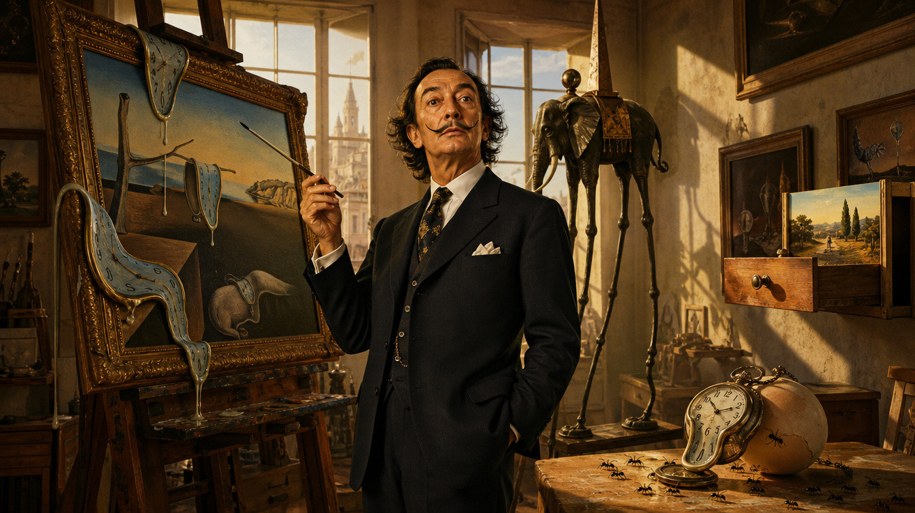 Homem com bigode fino em terno preto em estúdio com quadro e relógios derretidos estilo surrealista.