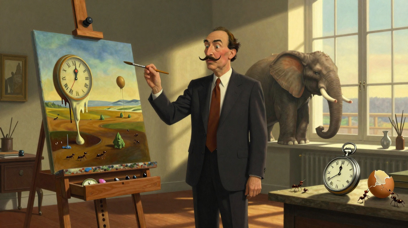 Homem com bigode pinta quadro surrealista de relógio derretido, com elefante e formigas no ambiente iluminado.