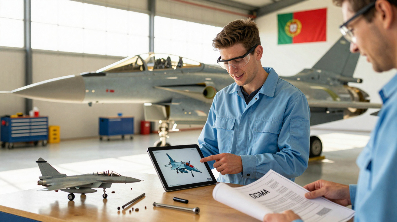 Engenheiros em oficina com modelo e projeto digital de avião militar perto de jato e bandeira de Portugal.