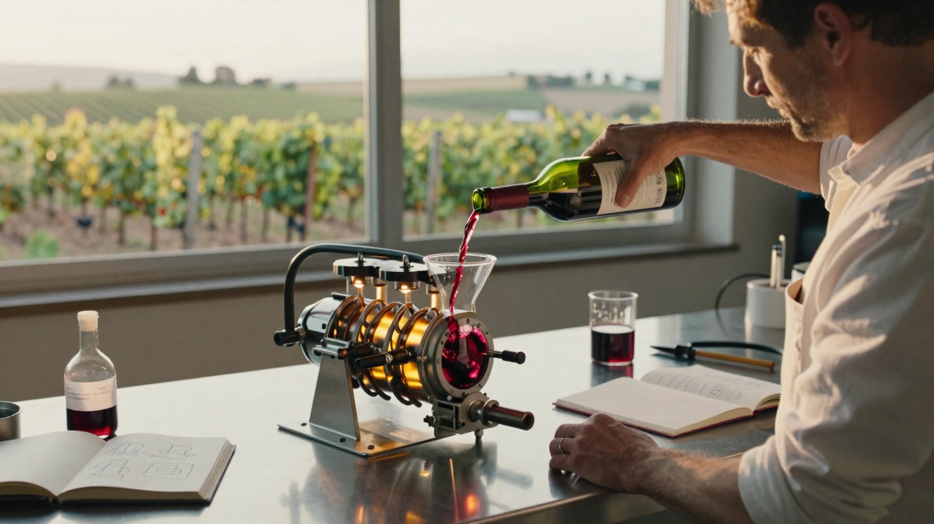 Homem derramando vinho em máquina de extração com vinhedo ao fundo visto pela janela.