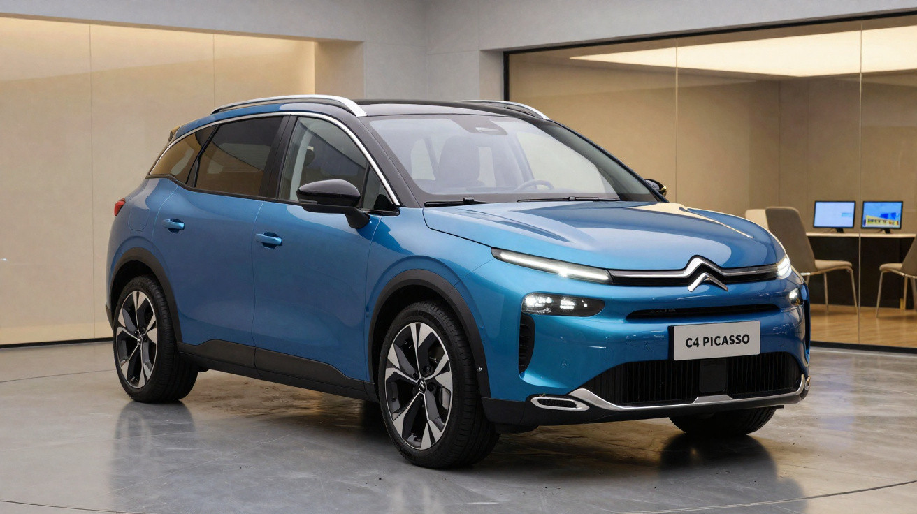 Carro elétrico Citroën C4 Picasso azul estacionado em ambiente moderno e iluminado.