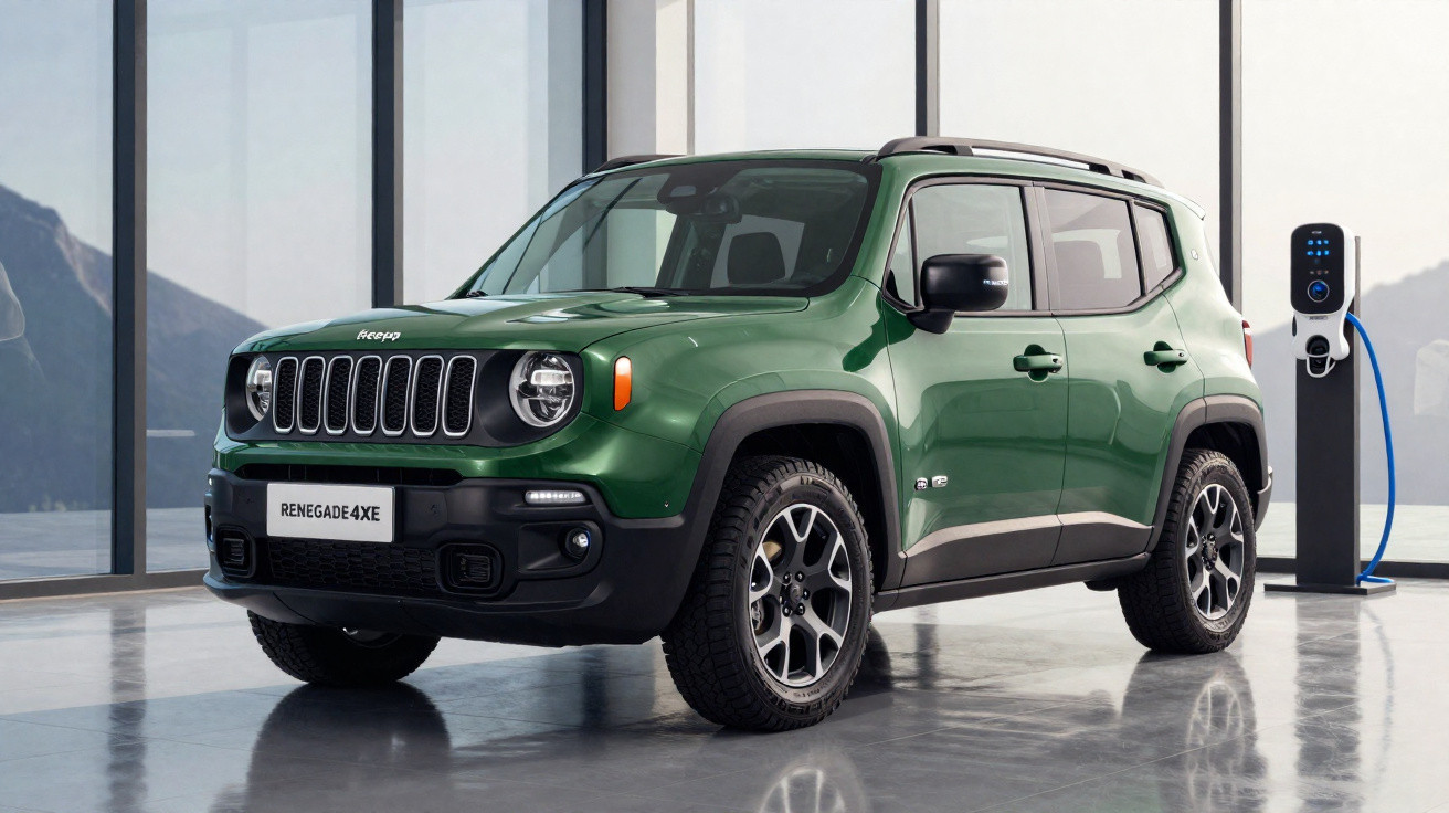 Jeep Renegade verde plugado em carregador elétrico em ambiente interno com vista para montanhas.