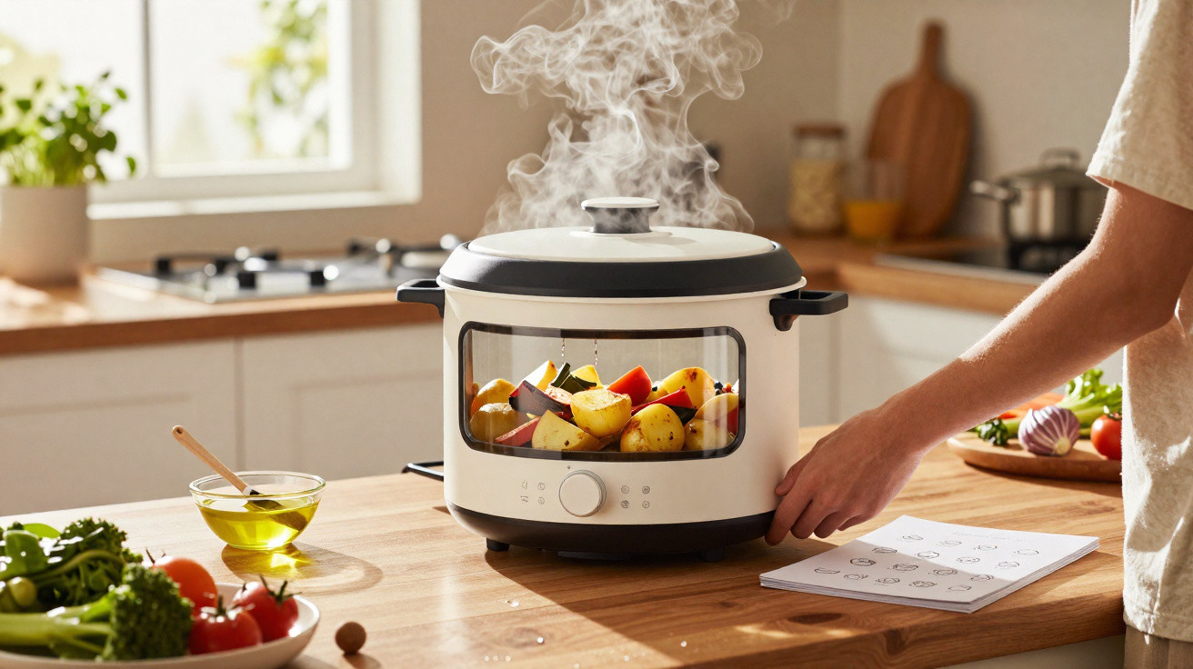 Panela elétrica cozinhando legumes na bancada de cozinha iluminada.
