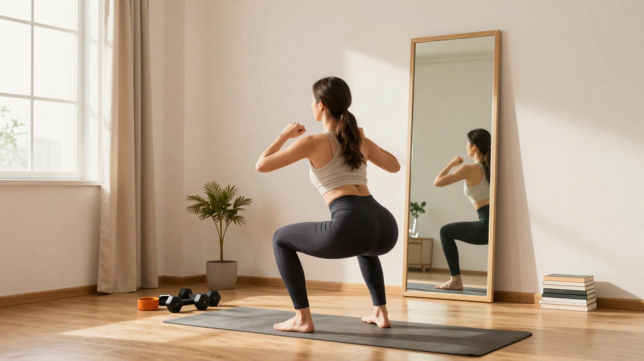 Mulher fazendo agachamento em tapete de yoga em ambiente claro com espelho e pesos próximos.