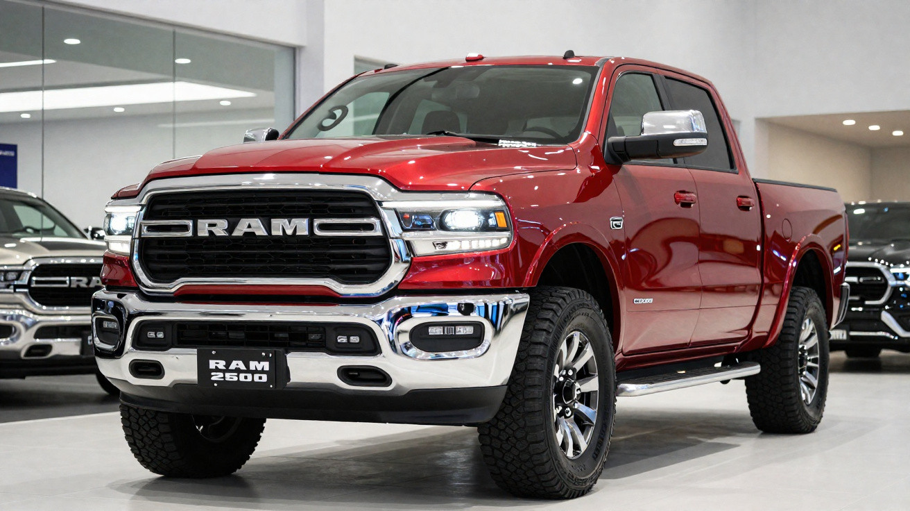 Picape vermelha RAM 2500 em showroom com detalhes cromados e faróis acesos.