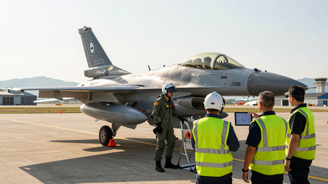 Avião militar estacionado em pista com piloto e três homens de colete amarelo analisando tablet.