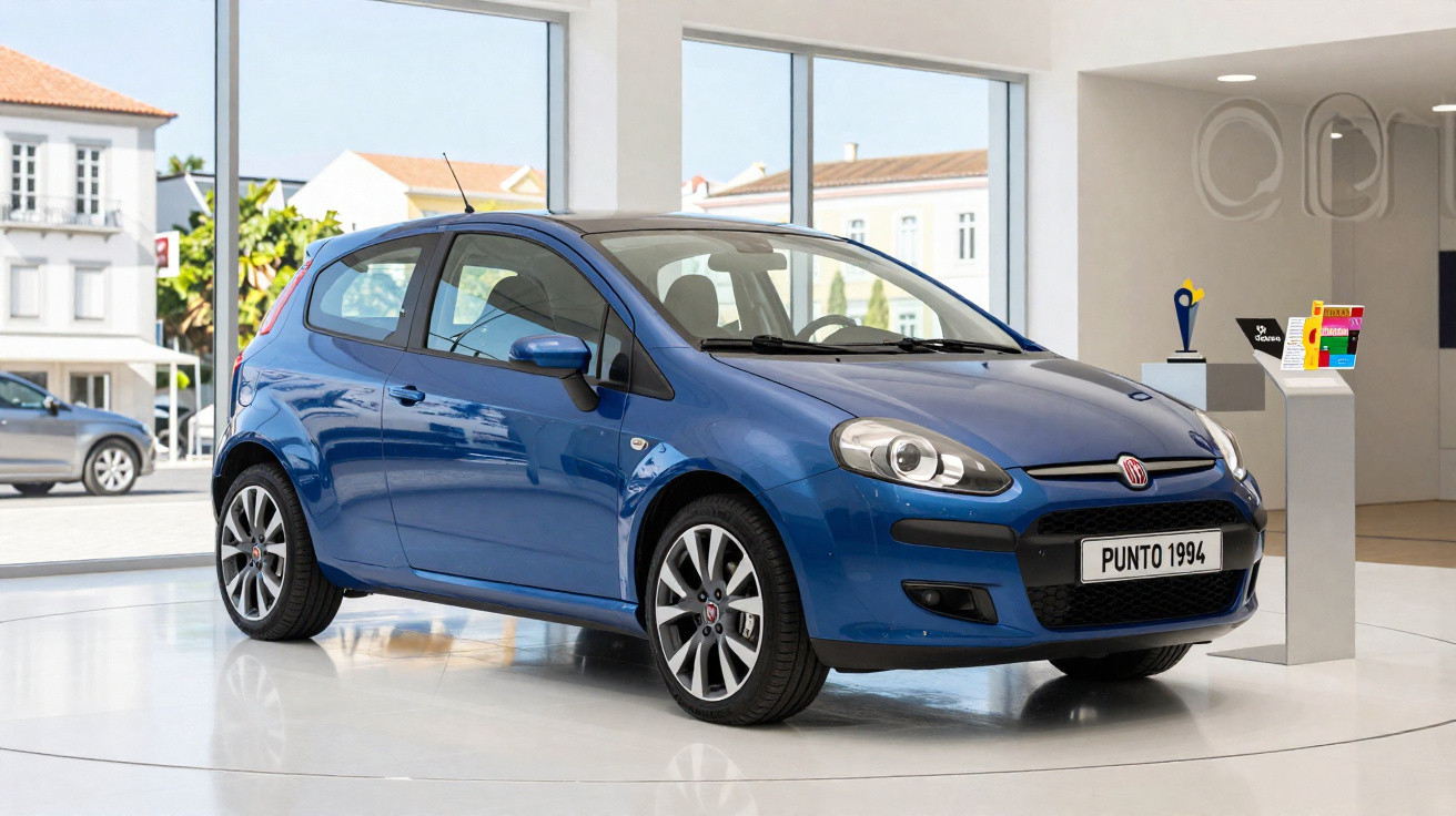 Carro azul Fiat Punto 1994 exposto em ambiente interno com janelas grandes ao fundo.