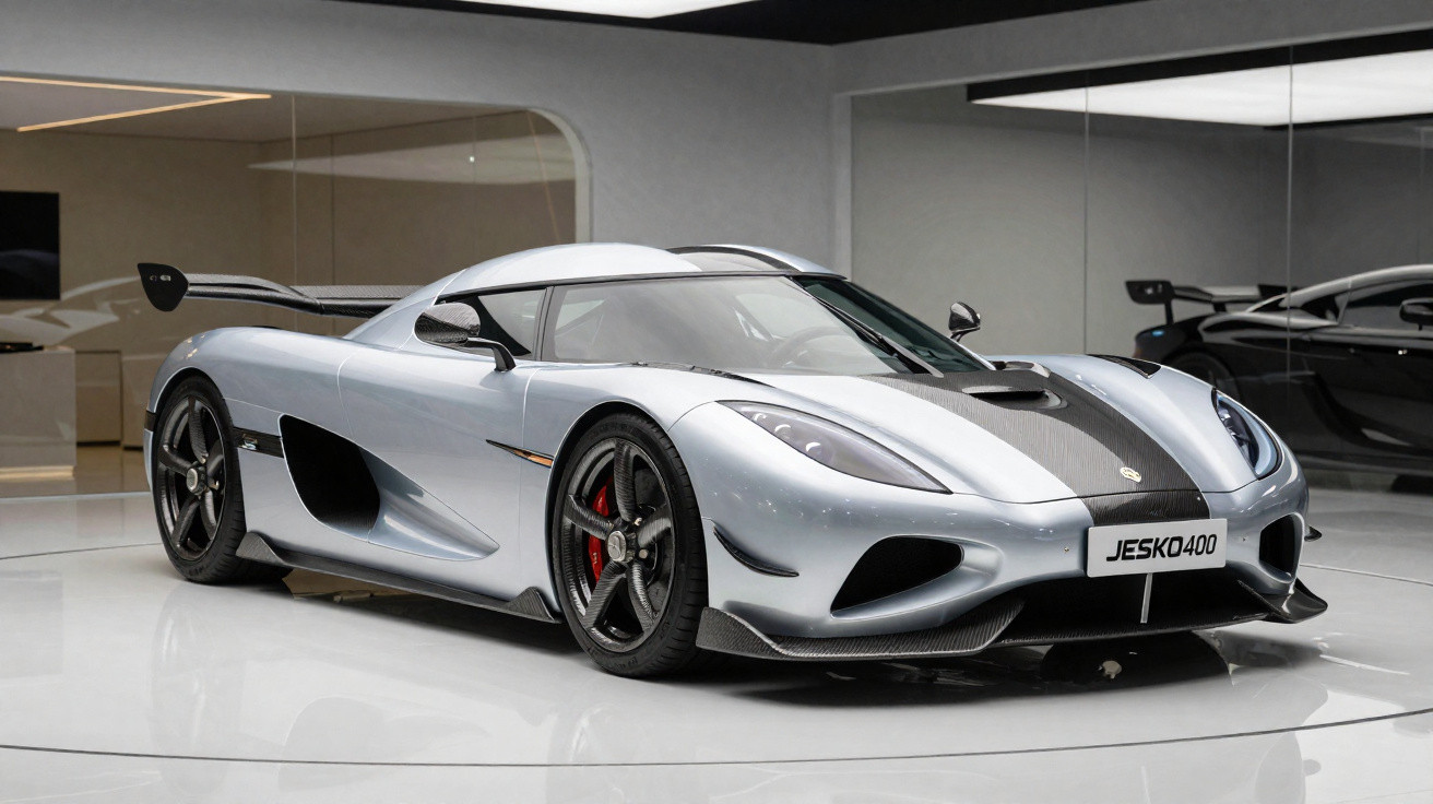 Carro esportivo prata Koenigsegg Jesko com detalhes em carbono exibido em showroom moderno.