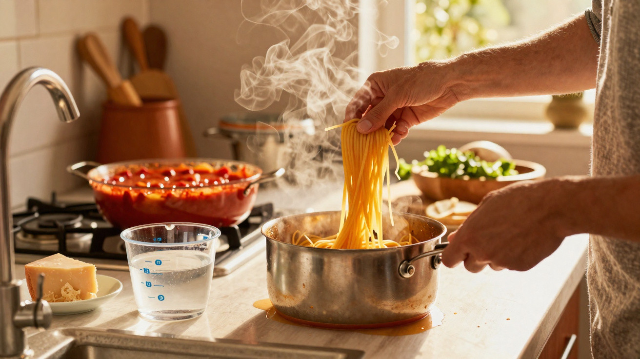 Mão retira espaguete quente de panela com vapor, ao fundo molho de tomate e queijo parmesão na bancada da cozinha.