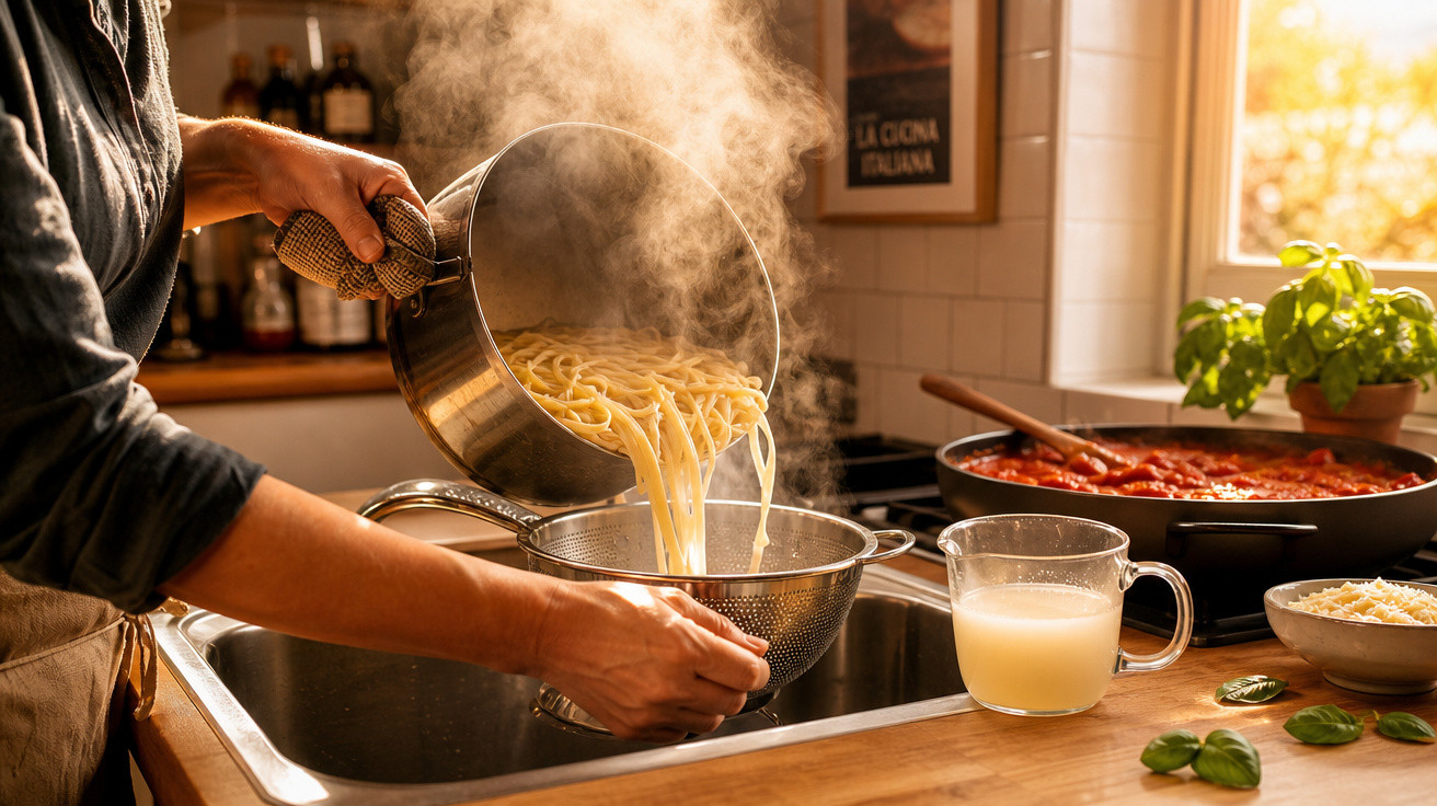 Pessoa escorrendo macarrão quente em uma cozinha com molho de tomate e manjericão ao fundo.