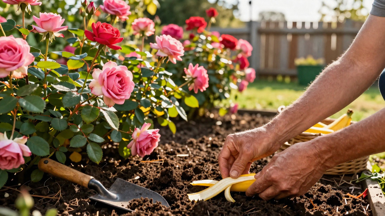 Pessoa plantando uma muda de flor em canteiro próximo a rosas rosas e vermelhas com pá ao lado.