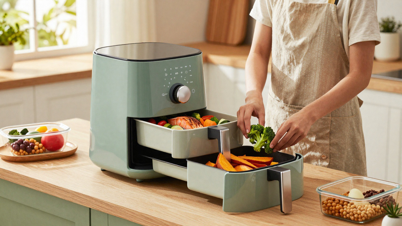 Pessoa colocando alimentos em fritadeira elétrica dupla com legumes em cozinha iluminada.
