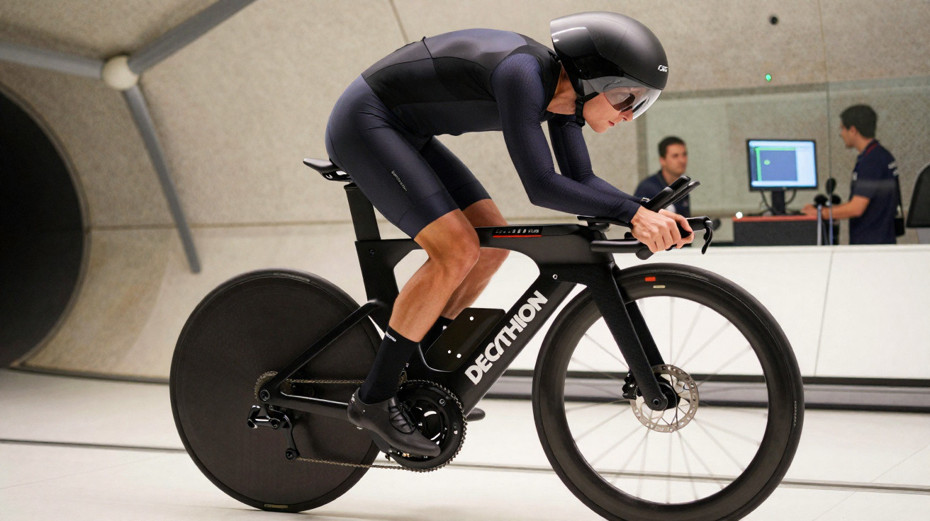 Atleta em roupa aerodinâmica testa bicicleta em túnel de vento com técnicos ao fundo.