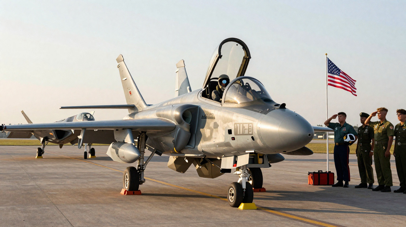 Caça militar estacionado em pista com piloto na cabine aberta e soldados americanos fazendo continência.