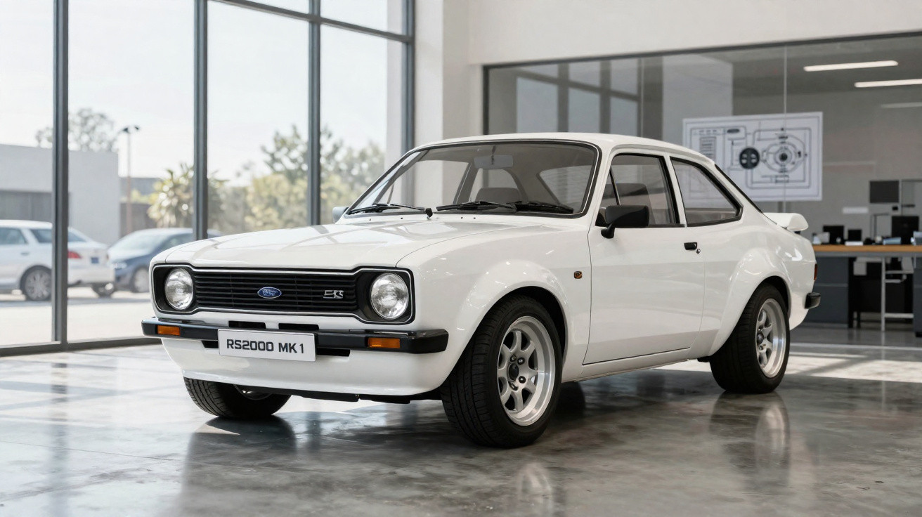Carro clássico Ford RS2000 MK1 branco estacionado em ambiente interno moderno e iluminado.