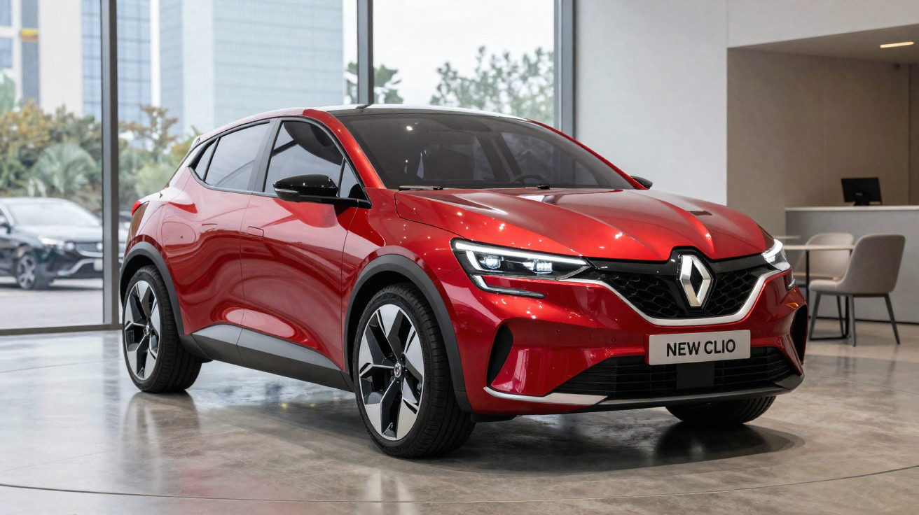Carro vermelho Renault New Clio estacionado em showroom moderno com grandes janelas e piso de concreto.