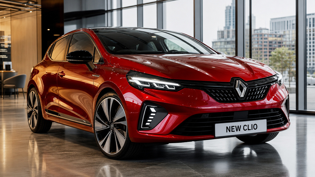 Carro Renault New Clio vermelho em showroom com teto solar e rodas de liga leve.