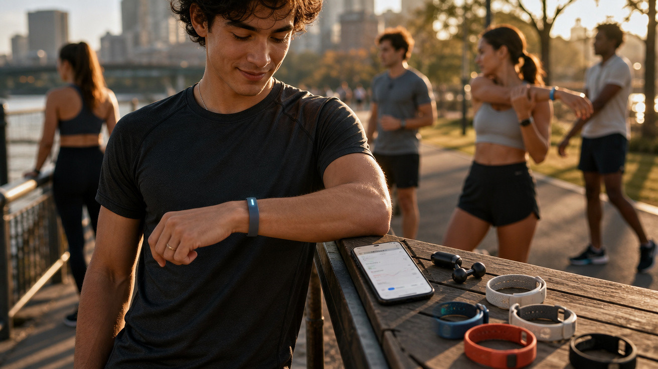 Homem jovem consultando pulseira fitness com grupo se alongando em parque urbano ao pôr do sol.