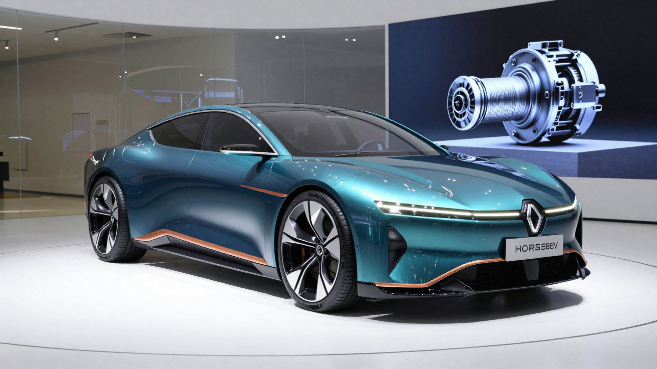 Carro elétrico conceito Renault Horse EV azul com design futurista exibido em exposição.