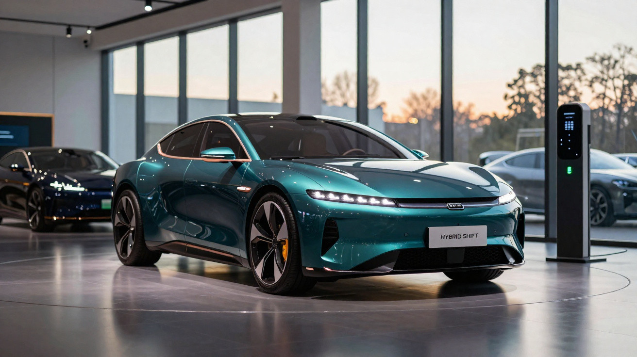 Carro elétrico verde metálico moderno em showroom, próximo a estação de recarga com grandes janelas ao fundo.