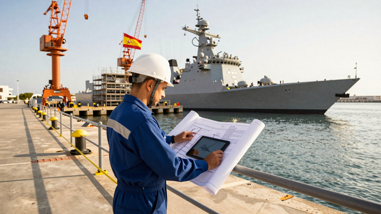 Homem com capacete e macacão azul analisando plantas e tablet em doca com navio de guerra ao fundo.
