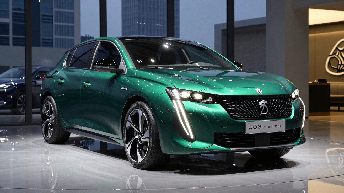 Carro hatch verde metálico Peugeot 308 Premiere em exposição interna com luzes acesas.