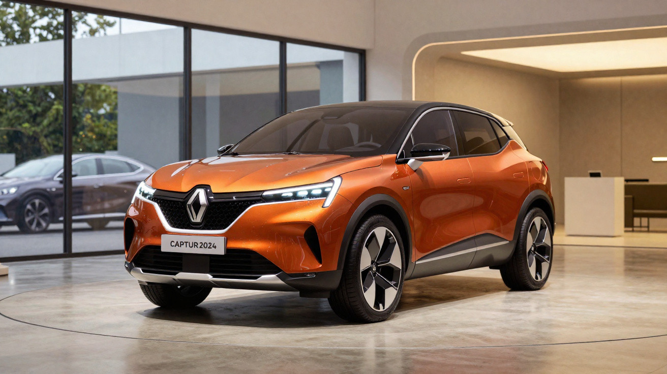 Carro Renault Captur 2024 laranja com teto preto estacionado em showroom moderno.
