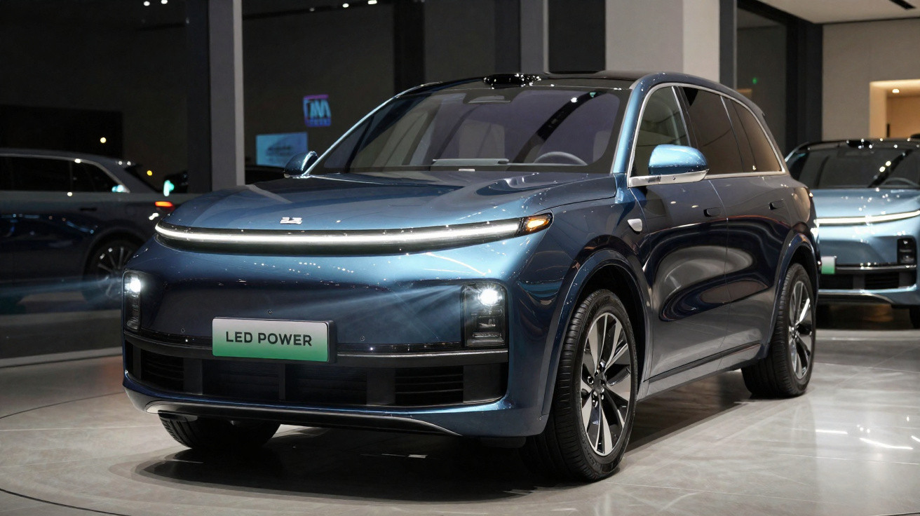 Carro elétrico azul metálico LED Power em exposição interna com design moderno e faróis acesos.