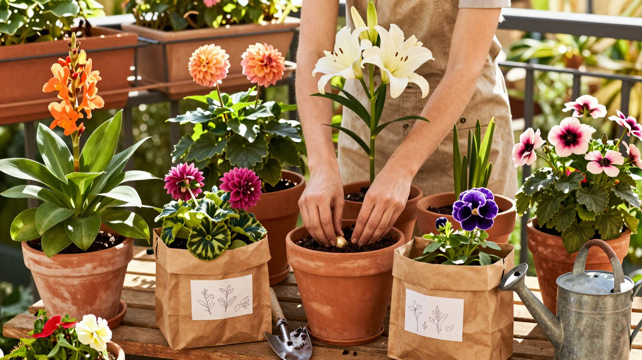 Pessoa plantando flores em vasos de barro e sacos de papel em varanda com plantas coloridas.
