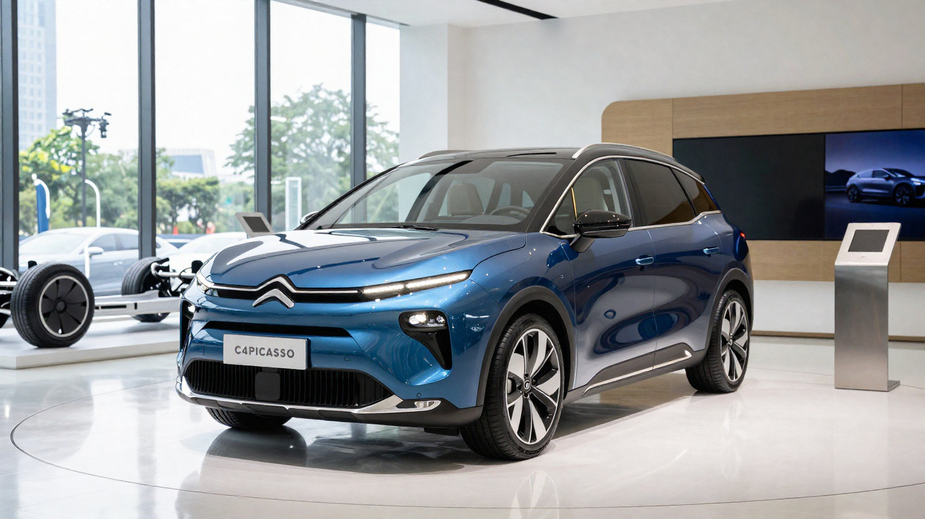 Carro elétrico Citroën C4 Picasso azul exibido em showroom moderno com piso branco.
