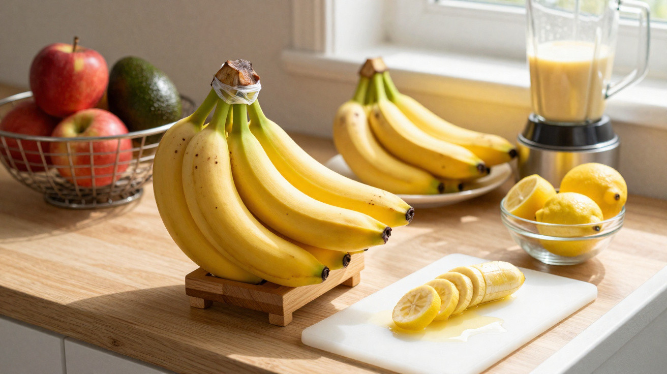 Bananas, maçãs, abacate, limões e liquidificador em bancada de cozinha iluminada por janela.