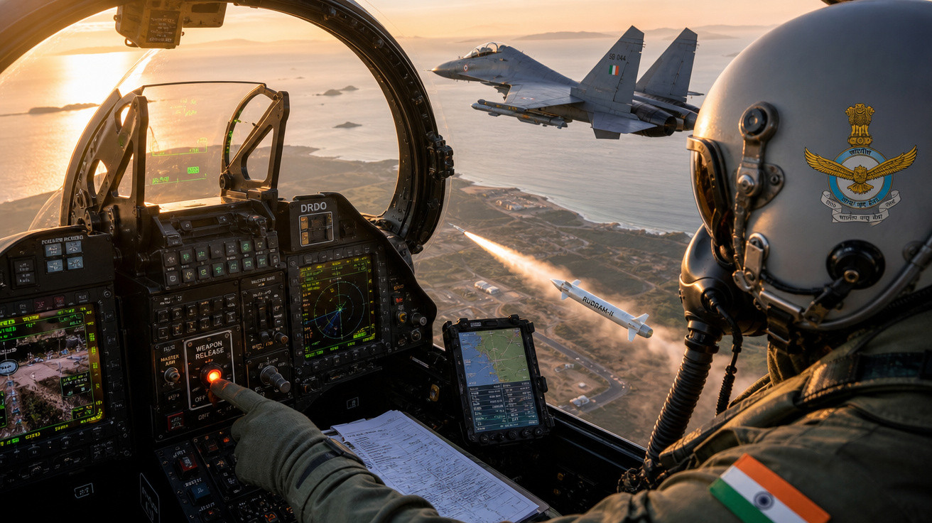 Cabine de caça militar com piloto ativando lançamento de míssil em voo, com outra aeronave ao fundo sobre o mar.
