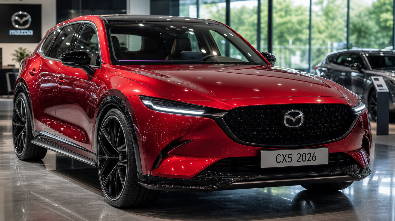 Carro Mazda CX-5 2026 vermelho brilhante em exposição interna, com design moderno e rodas pretas.