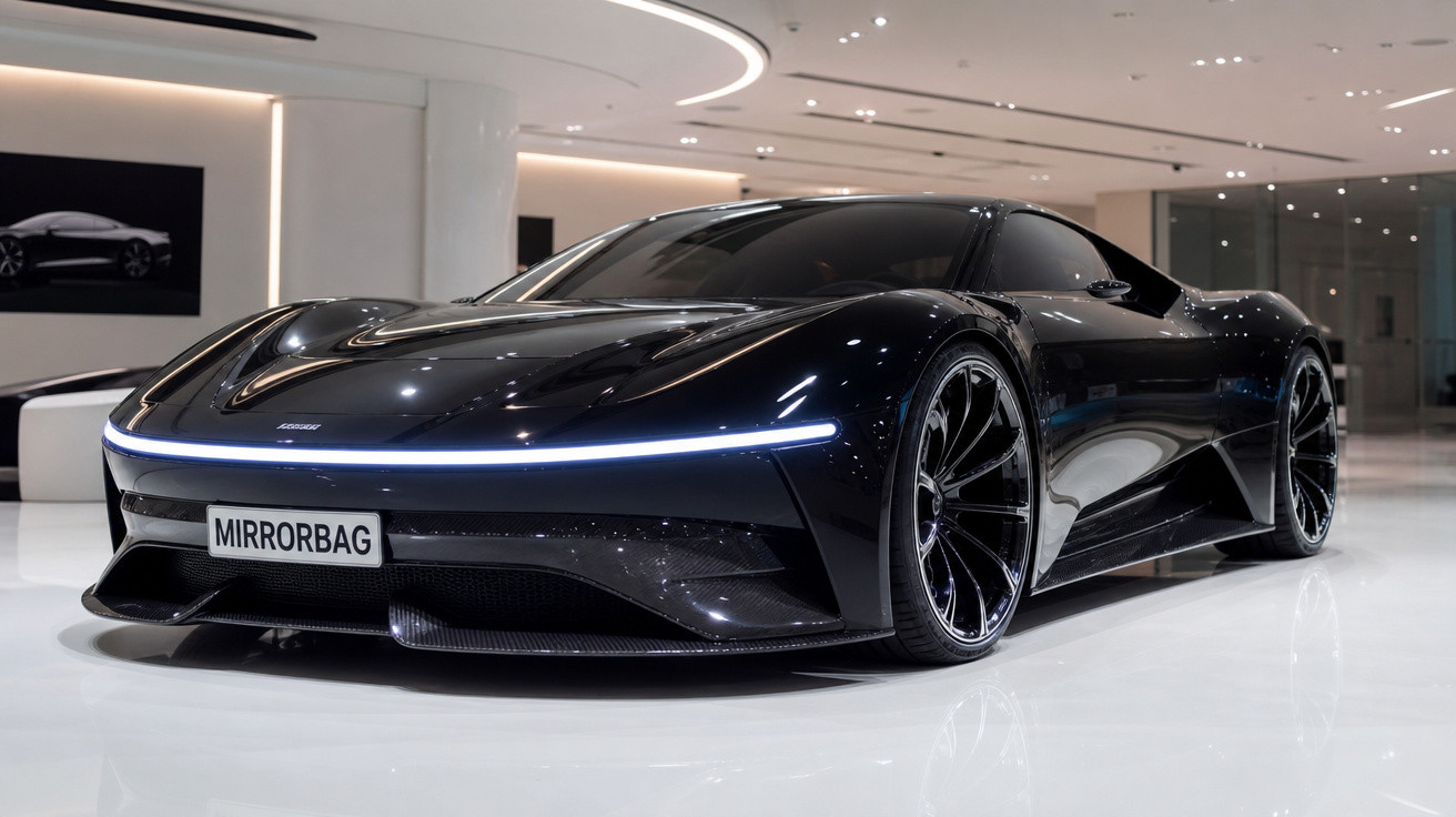 Carro esportivo preto com farol de LED contínuo em showroom moderno e iluminado.