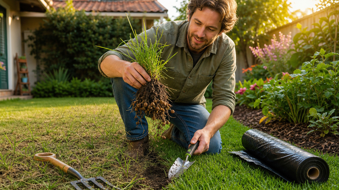 Homem cuidando do jardim, removendo plantas daninhas e preparando o solo para plantio ao ar livre.