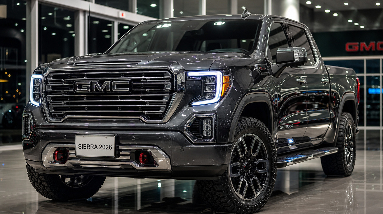 Picape preta GMC Sierra 2026 exibida em showroom com faróis e luzes diurnas acesas.
