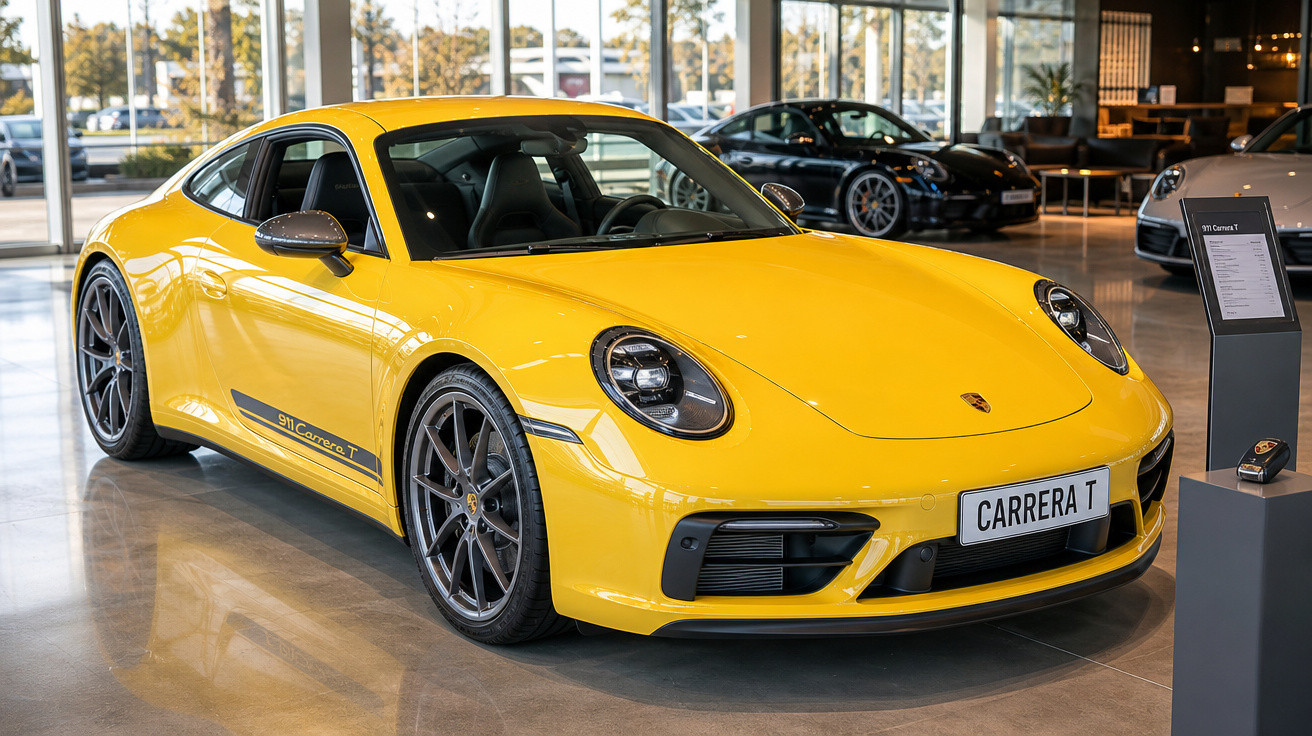 Carro esportivo Porsche 911 Carrera T amarelo exibido em showroom com piso brilhante.