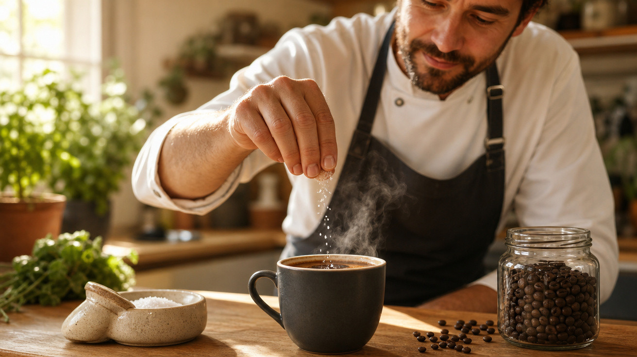 Homem adiciona sal enquanto prepara uma xícara de café quente em cozinha iluminada e decorada.