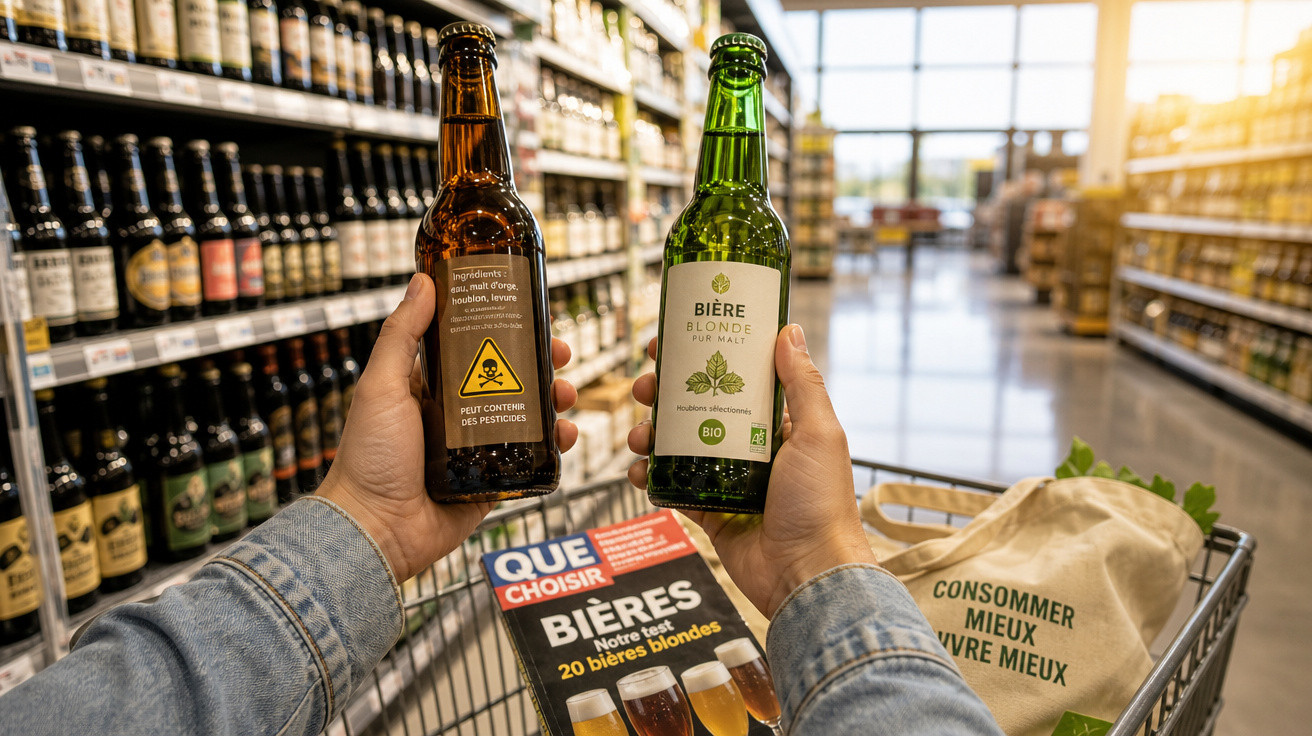 Pessoa comparando duas garrafas de cerveja em supermercado, uma com selo de pesticida e outra orgânica.
