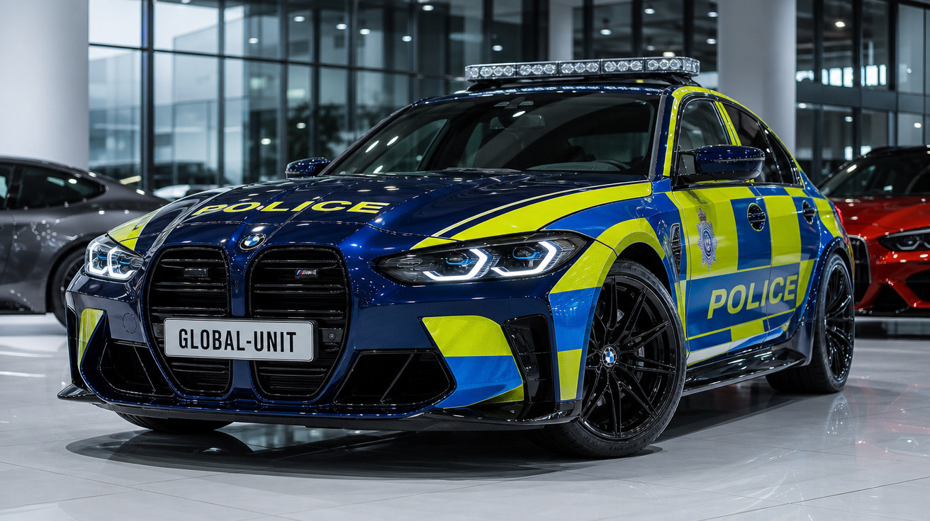 Carro de polícia BMW azul e amarelo com luz de sirene, estacionado em um showroom moderno.