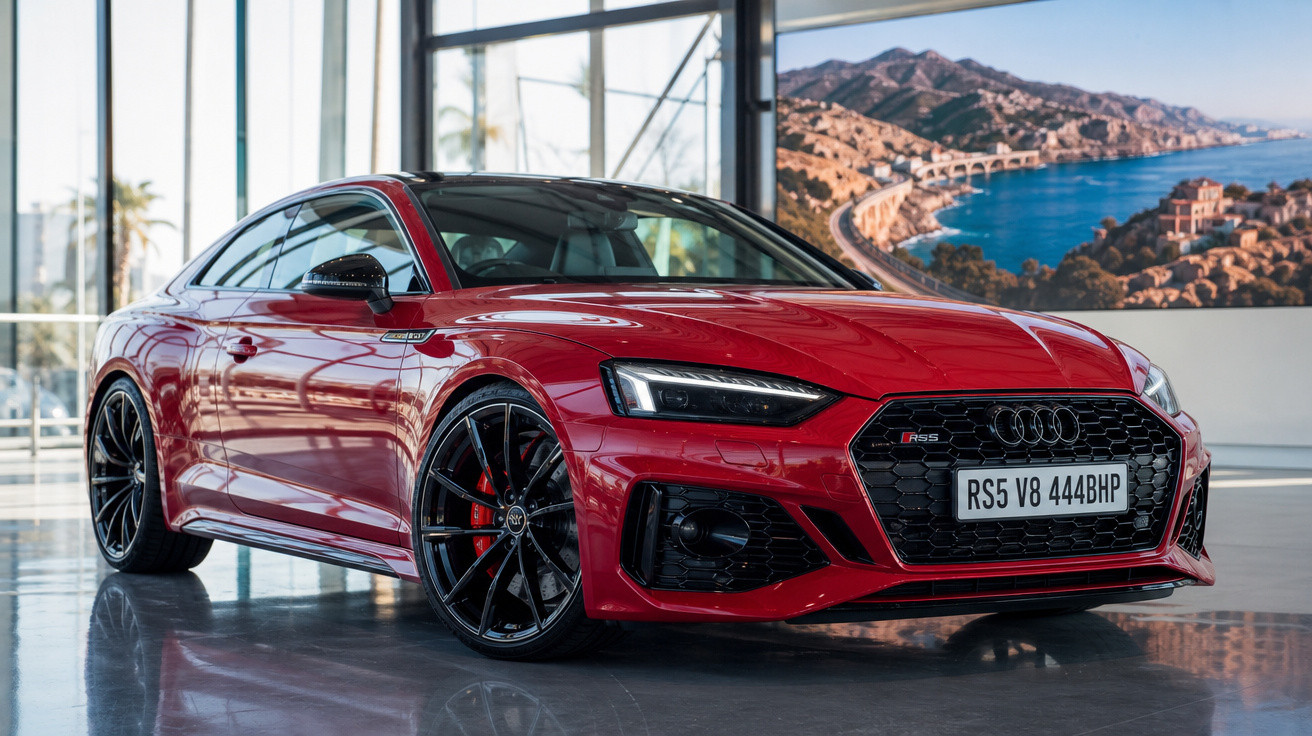 Carro esportivo Audi RS5 vermelho estacionado em showroom com roda preta e lataria brilhante.