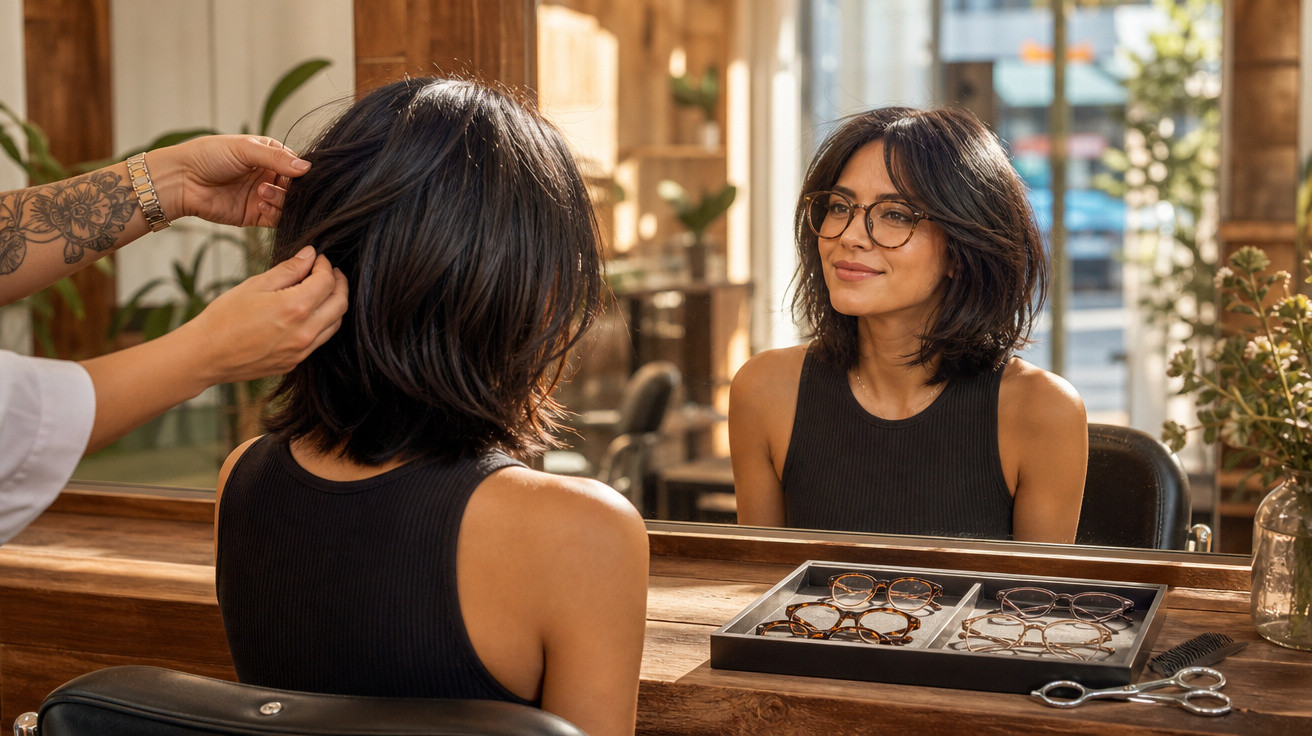 Mulher com cabelo curto e óculos sentada em salão de beleza, sendo atendida por cabeleireiro, olhando no espelho.