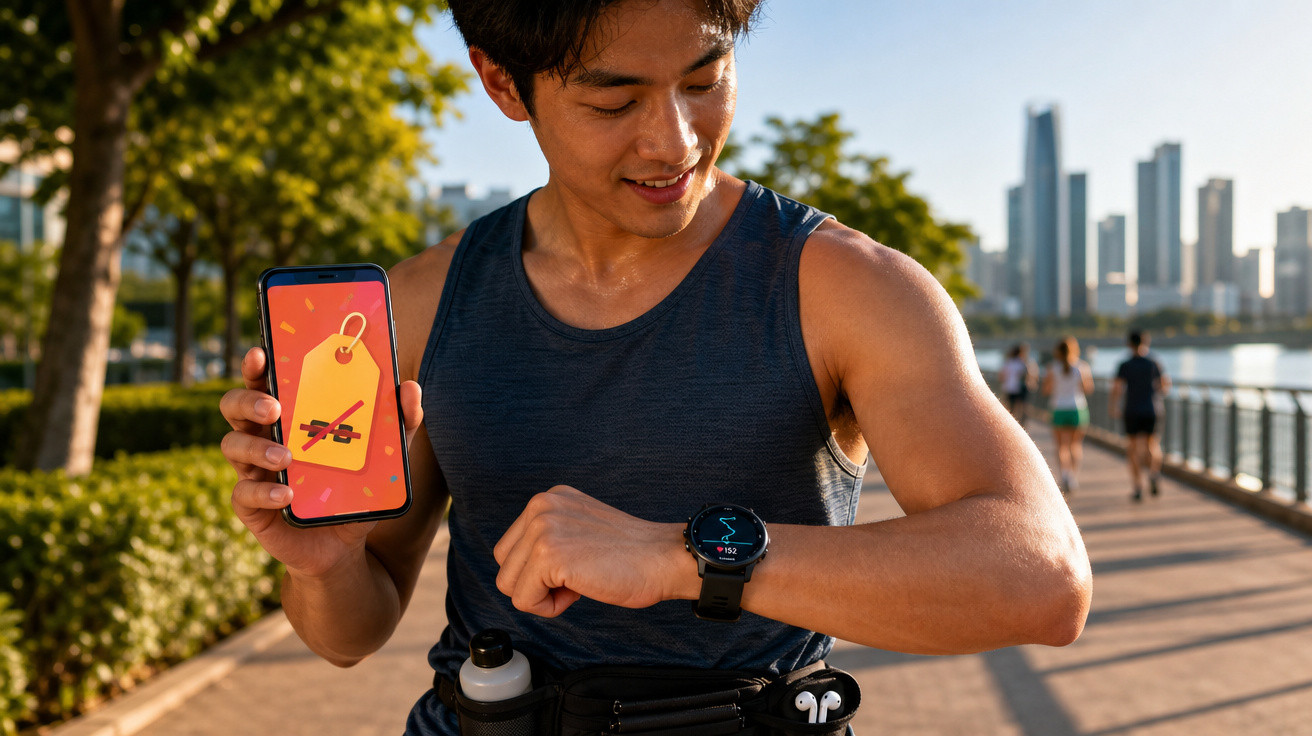 Homem vendo smartwatch e segurando celular com imagem de desconto em parque urbano ao ar livre.