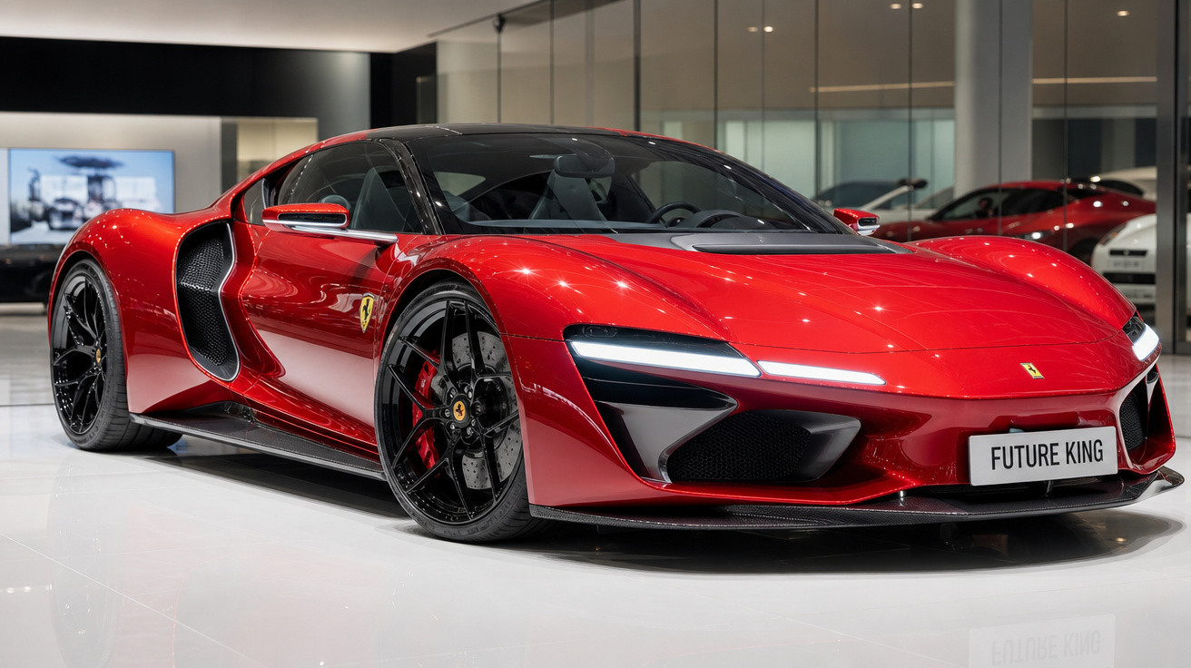 Carro esportivo Ferrari vermelho brilhante modelo Future King em exibição interna.