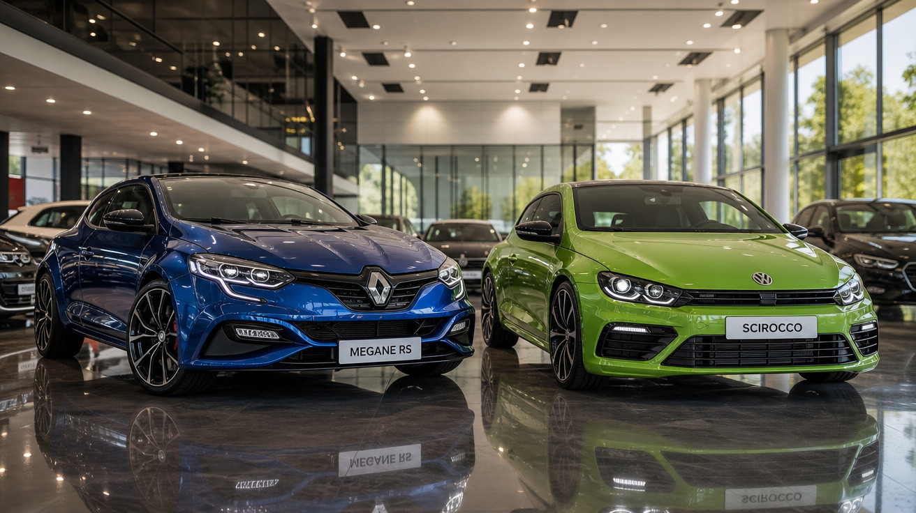 Carros esportivos Renault Megane RS azul e Volkswagen Scirocco verde exibidos em showroom moderno.