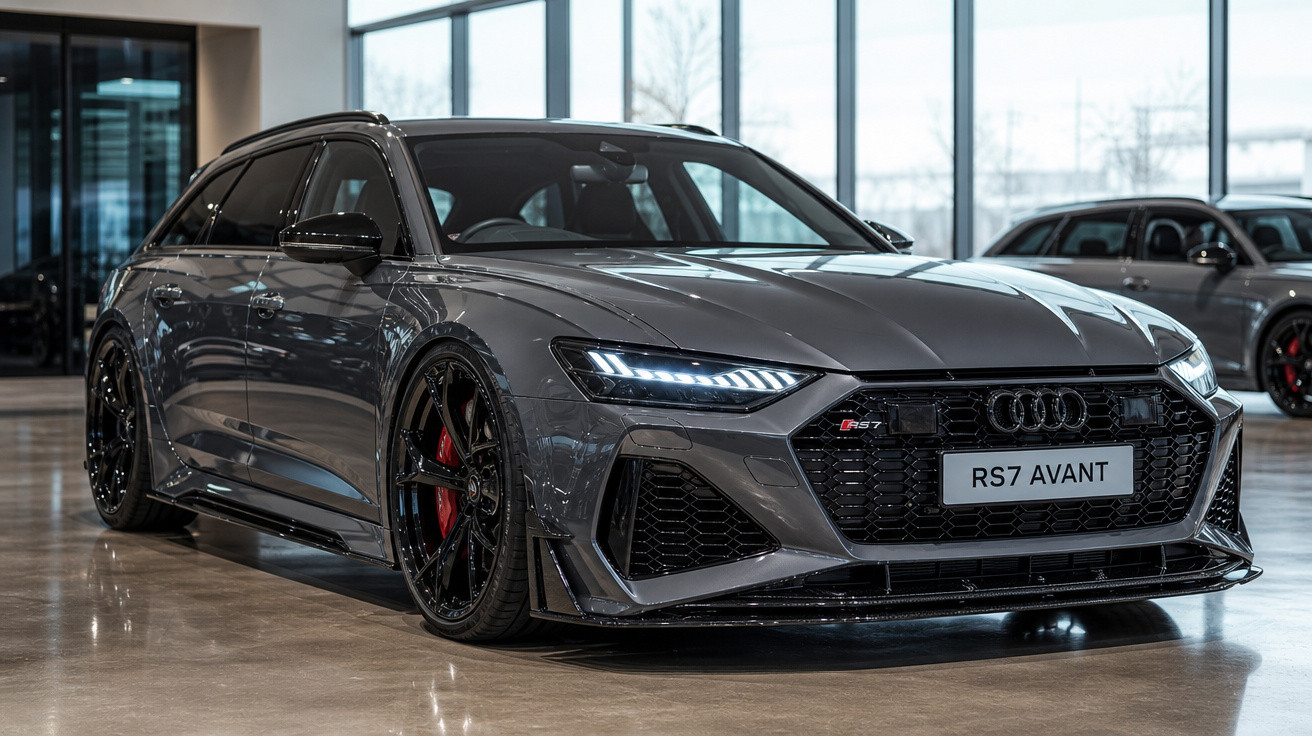 Carro esportivo Audi RS7 Avant cinza estacionado em ambiente interno com iluminação natural.