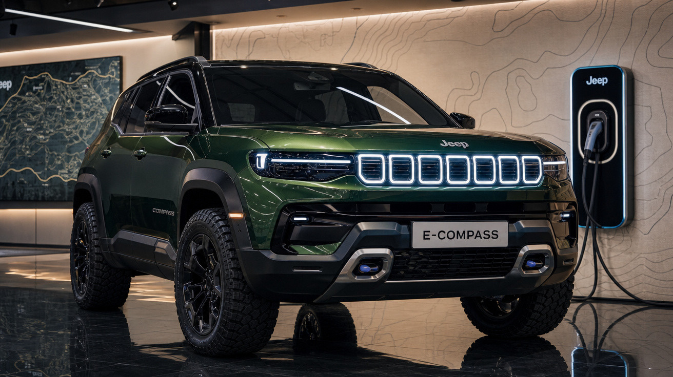 Jeep E-Compass verde estacionado em showroom, conectado a estação de carregamento elétrico.