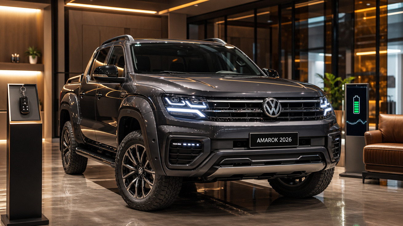 Picape Volkswagen Amarok 2026 cinza exibida em showroom moderno com iluminação elegante.