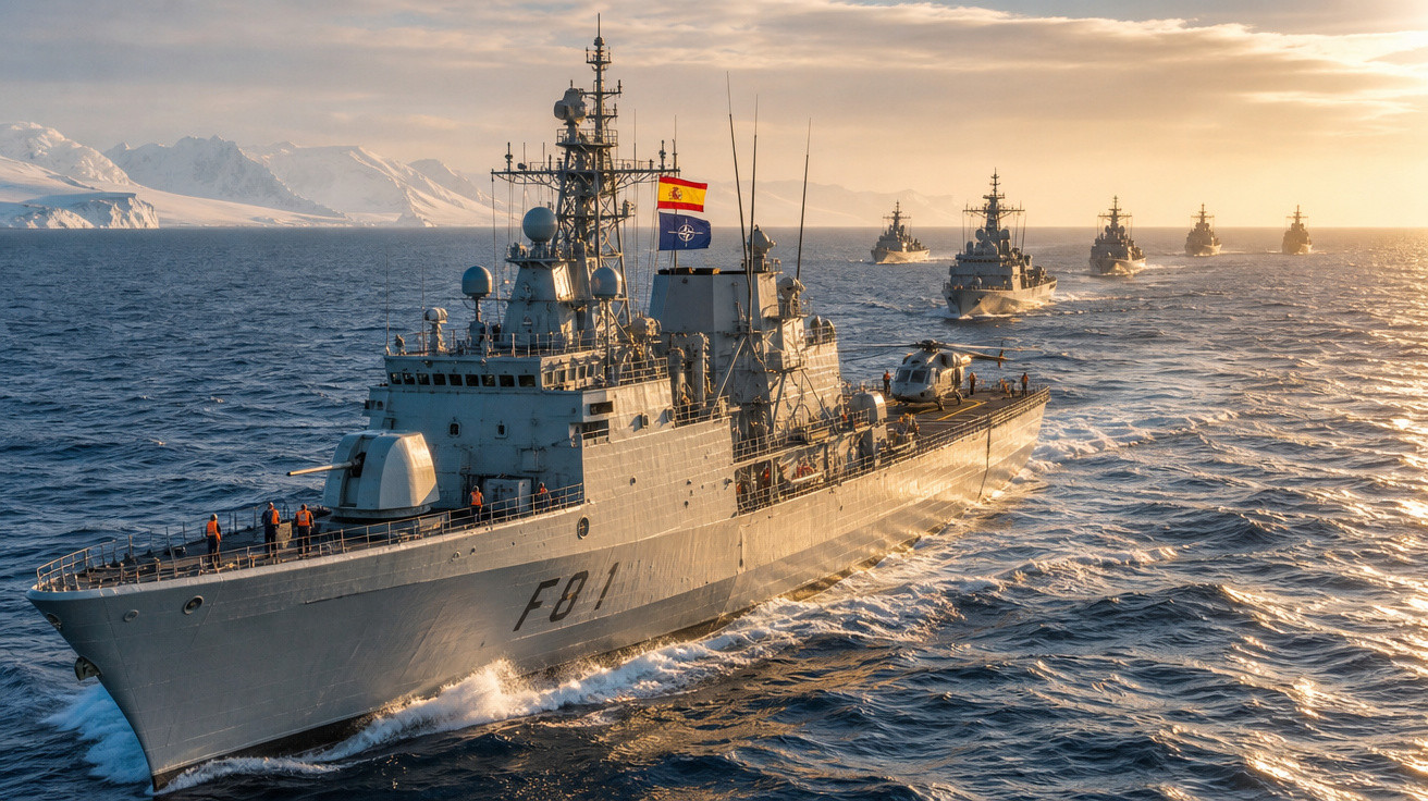 Formação de navios de guerra navegando em mar aberto ao pôr do sol com montanhas cobertas de neve ao fundo.