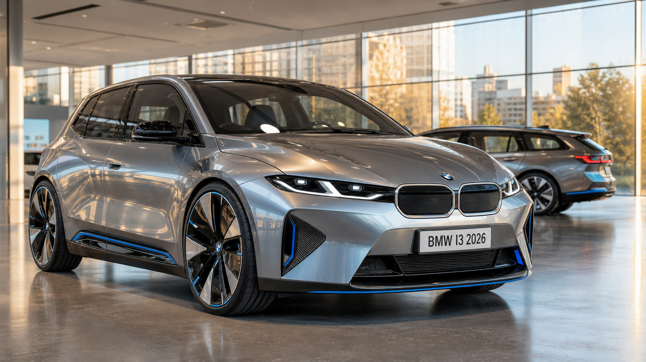 Carro elétrico BMW i3 prata 2026 em exposição interna com outro veículo ao fundo.